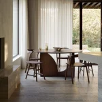 10513_Geometric_dining_table_varnished_teak_brown_10177_Osso_stool_varnished_teak_10686_Bok_dining_chair_varnished_teak_brown_2_web