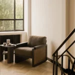 10771_Panel_lounge_chair_varnished_teak_dark_brown_rattan_roasted_Grey_linen_10766_Panel_side_table_varnished_teak_Roasted_square_HQ